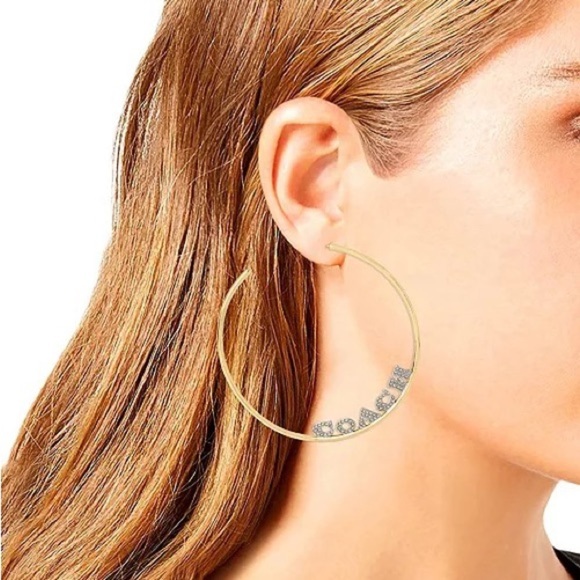 NWT Coach massive huge gold tone Signature Logo Hoop Earrings with rhinestones - Picture 3 of 13